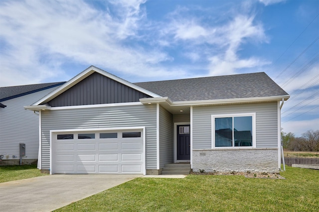 single story home with an attached garage, driveway, and a front yard