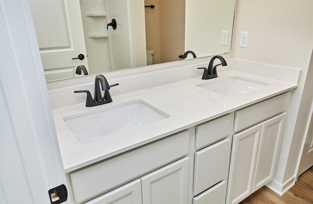 bathroom with double vanity, wood finished floors, and a sink