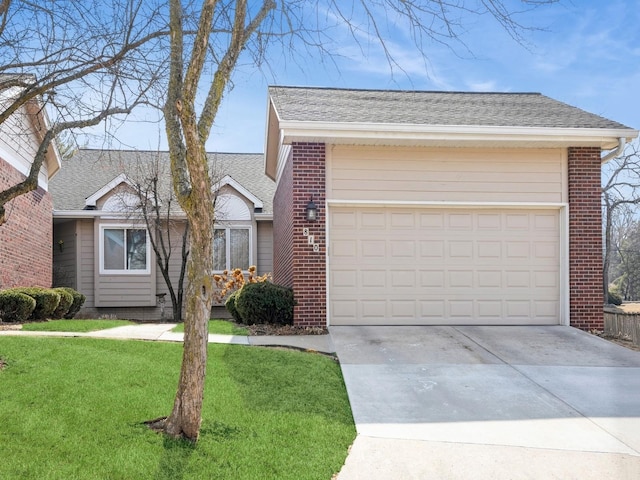 single story home with a garage, brick siding, a shingled roof, concrete driveway, and a front lawn