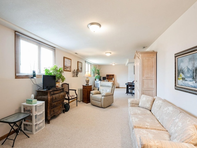 carpeted living area with radiator, baseboards, and a wealth of natural light