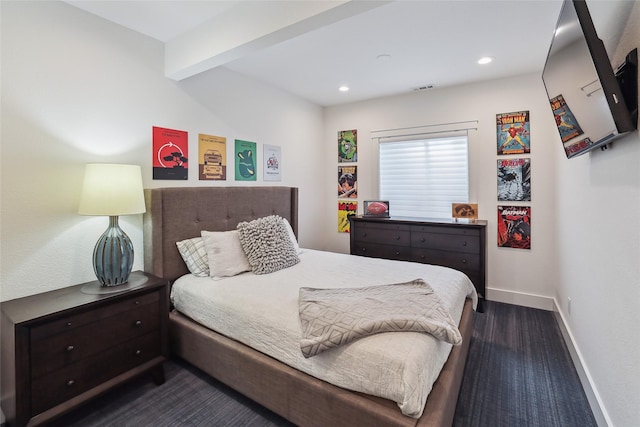 bedroom with recessed lighting, visible vents, beamed ceiling, and baseboards