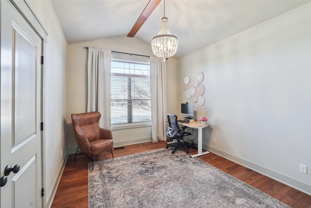 office area with vaulted ceiling with beams, a notable chandelier, wood finished floors, and baseboards