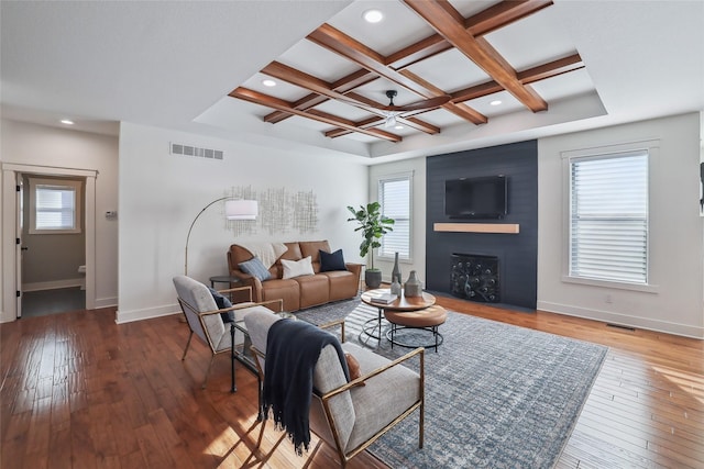 living area featuring baseboards, visible vents, coffered ceiling, wood-type flooring, and a fireplace