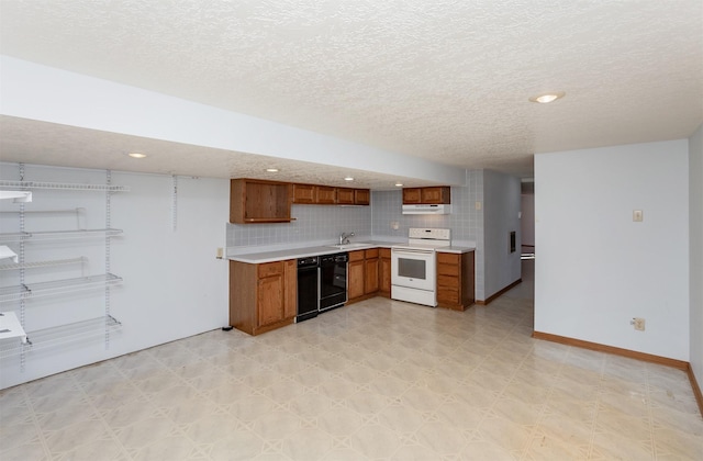 kitchen featuring white range with electric stovetop, brown cabinets, light countertops, under cabinet range hood, and backsplash