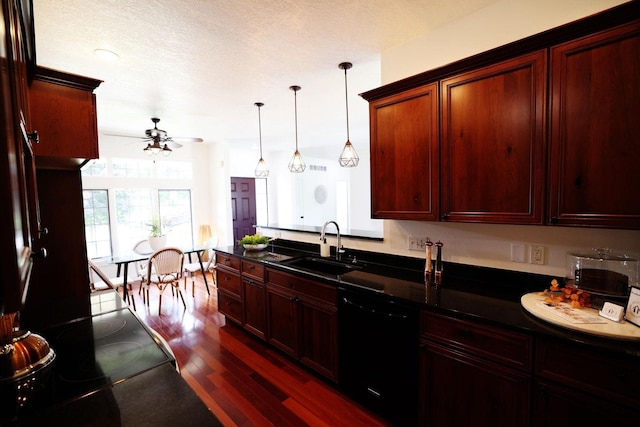 kitchen with dark wood-type flooring, a sink, black dishwasher, dark countertops, and pendant lighting