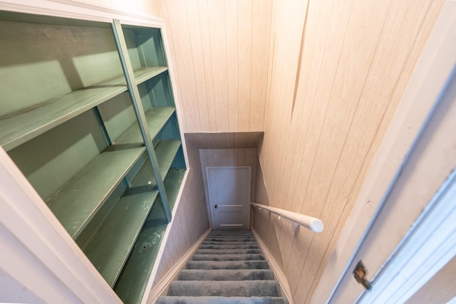 stairs featuring wood walls