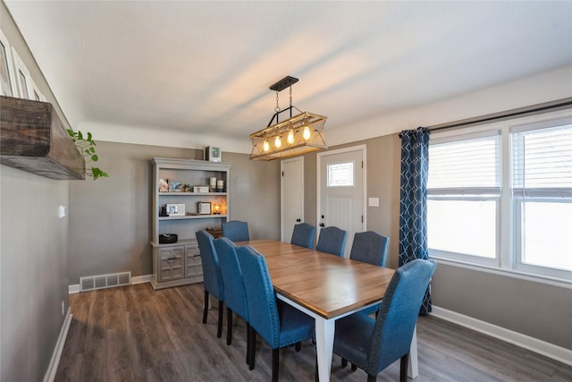 dining room featuring visible vents, dark wood finished floors, and baseboards