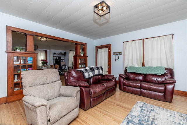 living room with ornamental molding and wood finished floors
