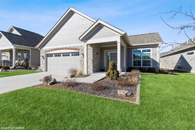 view of front of property featuring a garage, concrete driveway, stone siding, roof with shingles, and a front lawn