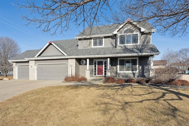 view of front of house with a garage, a front lawn, concrete driveway, and roof with shingles