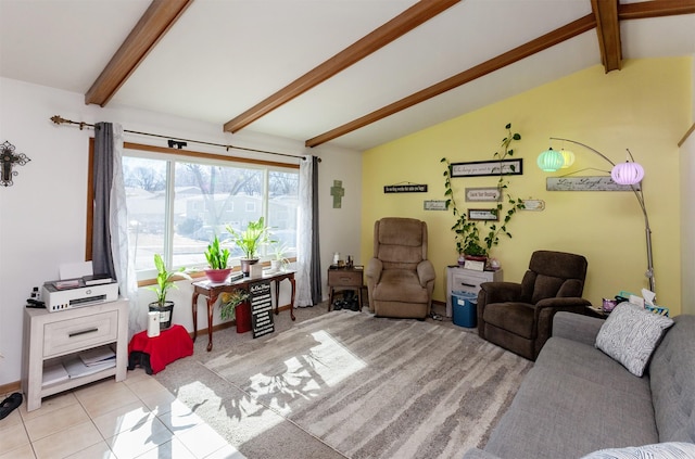 living area with lofted ceiling with beams and light tile patterned flooring