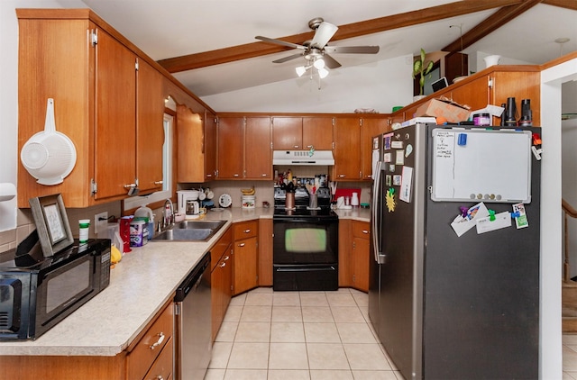 kitchen featuring vaulted ceiling with beams, black appliances, brown cabinets, and under cabinet range hood