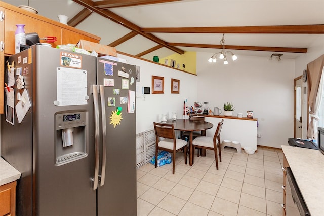 kitchen featuring light tile patterned floors, stainless steel fridge with ice dispenser, lofted ceiling with beams, an inviting chandelier, and light countertops