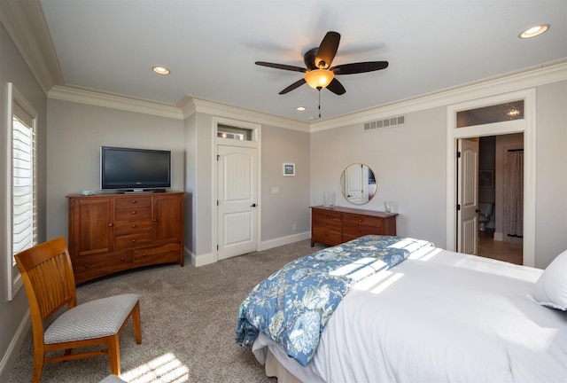 carpeted bedroom featuring recessed lighting, a ceiling fan, visible vents, baseboards, and ornamental molding