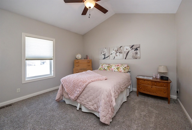 carpeted bedroom featuring lofted ceiling, visible vents, ceiling fan, and baseboards