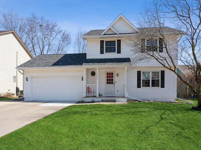 traditional home with a garage, a shingled roof, concrete driveway, covered porch, and a front lawn