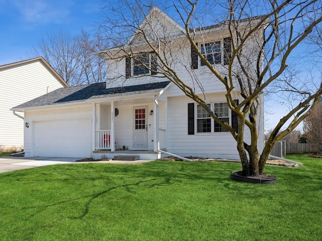 view of front of home with a shingled roof, concrete driveway, an attached garage, fence, and a front lawn