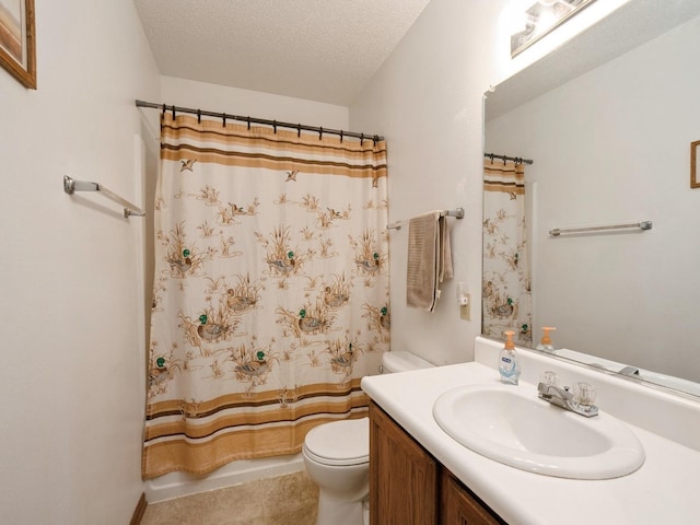 bathroom featuring a textured ceiling, vanity, toilet, and shower / tub combo with curtain