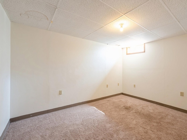 spare room featuring carpet, a drop ceiling, and baseboards