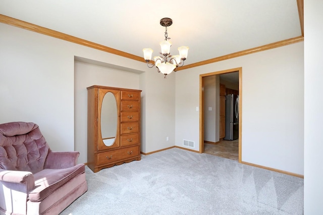 living area featuring crown molding, light colored carpet, a notable chandelier, baseboards, and visible vents