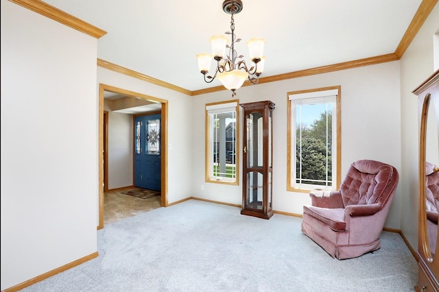 living area featuring an inviting chandelier, carpet, crown molding, and baseboards