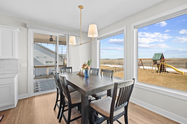 dining room featuring light wood finished floors and baseboards