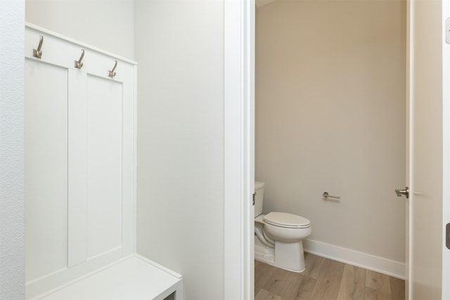 bathroom featuring toilet, baseboards, and wood finished floors