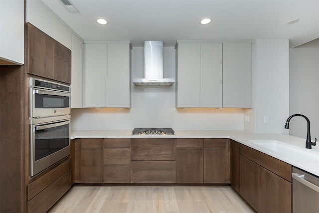 1166 Murphy St, Des Moines, IA 50309 - kitchen with wall chimney exhaust hood, a sink, stainless steel appliances, light wood-style floors, and light countertops