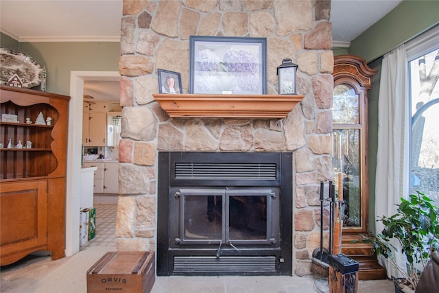 details featuring ornamental molding and a stone fireplace