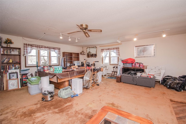 miscellaneous room with carpet, a ceiling fan, and a textured ceiling