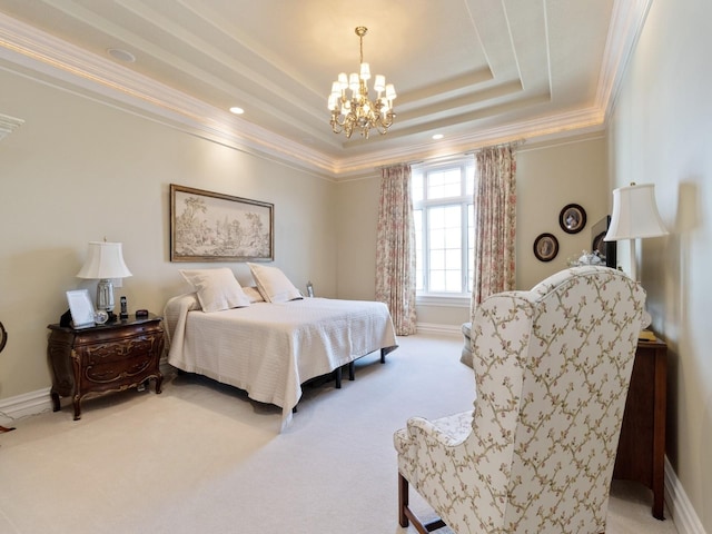 bedroom featuring ornamental molding, a raised ceiling, light carpet, and baseboards