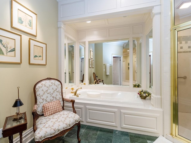 full bath with a stall shower, tile patterned flooring, crown molding, and a bath