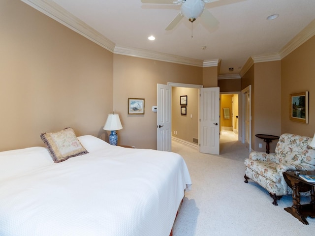 bedroom with light carpet, ceiling fan, ornamental molding, and recessed lighting