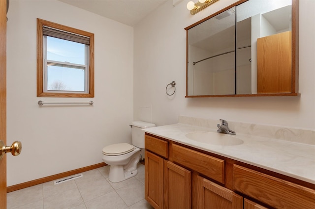 full bath featuring tile patterned flooring, toilet, vanity, visible vents, and baseboards