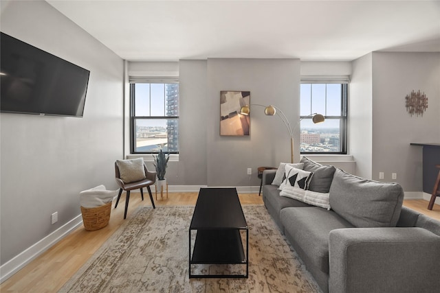 living room with baseboards and wood finished floors