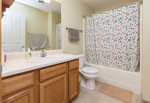 bathroom with tile patterned flooring, toilet, visible vents, vanity, and shower / bath combination with curtain