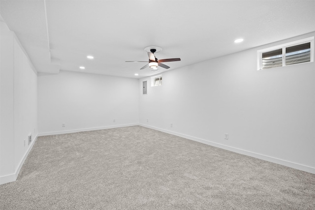 unfurnished room featuring carpet flooring, recessed lighting, baseboards, and a ceiling fan