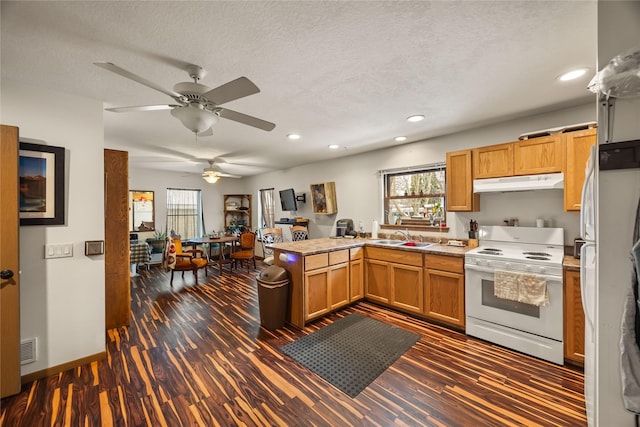 kitchen with a peninsula, white appliances, under cabinet range hood, and dark wood-style floors