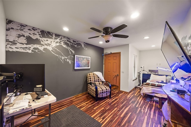 office space featuring recessed lighting, ceiling fan, and wood finished floors