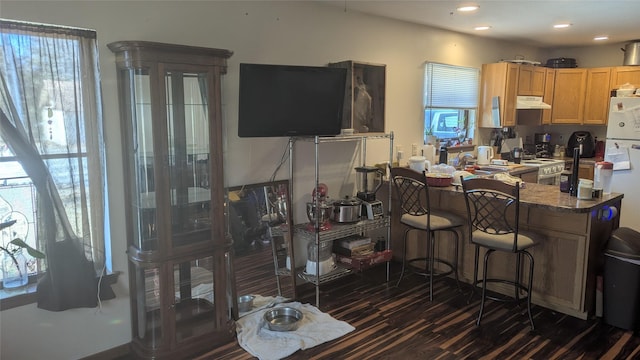 interior space with range hood, recessed lighting, freestanding refrigerator, light brown cabinets, and a kitchen breakfast bar