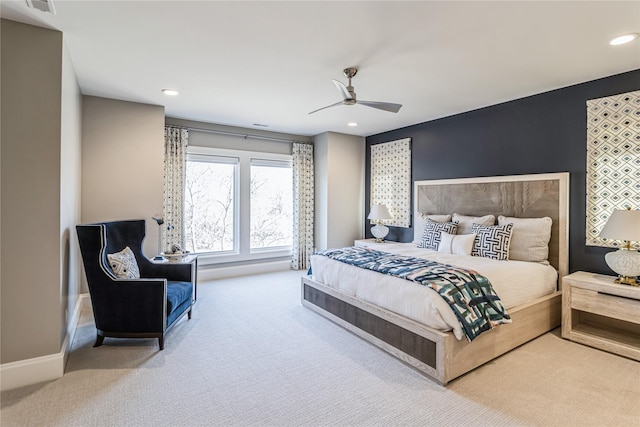 bedroom with ceiling fan, recessed lighting, carpet flooring, and baseboards