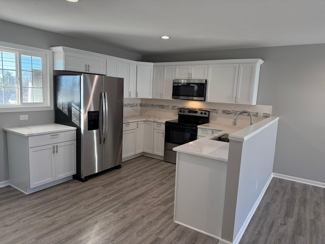 kitchen with stainless steel appliances, a sink, backsplash, and wood finished floors