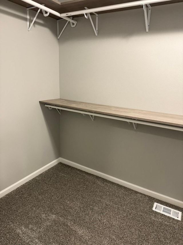 spacious closet with dark colored carpet and visible vents