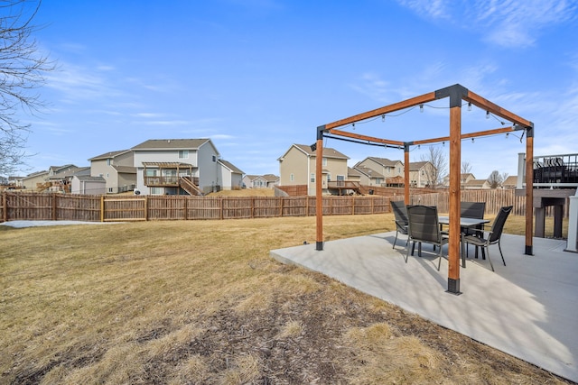 view of yard with a patio area, a fenced backyard, and a residential view