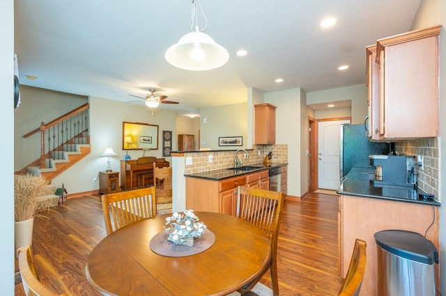 dining space featuring stairs, recessed lighting, a ceiling fan, and wood finished floors