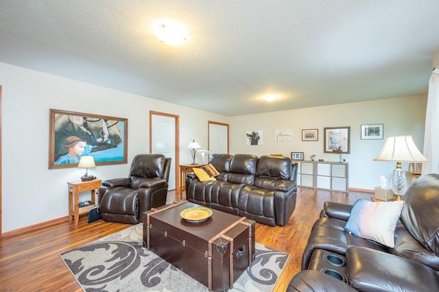 living room featuring a textured ceiling, wood finished floors, and baseboards