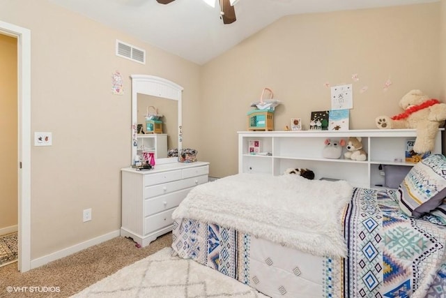 bedroom with light carpet, a ceiling fan, visible vents, vaulted ceiling, and baseboards