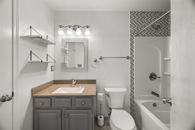 full bath featuring toilet, vanity, a textured ceiling, and shower / bathing tub combination