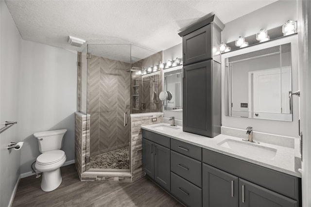 full bathroom with double vanity, a sink, toilet, and a shower stall