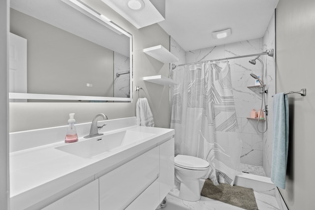 8001 Brookview Dr, Urbandale, IA 50322 - full bath with marble look tile flooring, toilet, a shower with shower curtain, and vanity